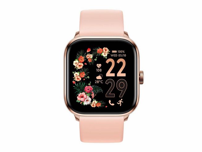 Ice Watch Smartwatch Uhr 023067 ICE Smart 2.0 in Roségold Nude mit einem Blütenmotiv auf dem Display, zeigt Uhrzeit und gesundheitliche Informationen auf einem 1.7 Zoll Bildschirm.