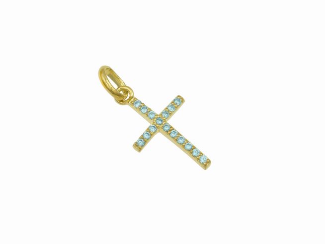 Ein Anhänger in Form eines Kreuzes aus Sterling Silber, vergoldet mit Gelbgold, besetzt mit blauen Zirkonia-Steinen, Hersteller Juwelier Harnisch.