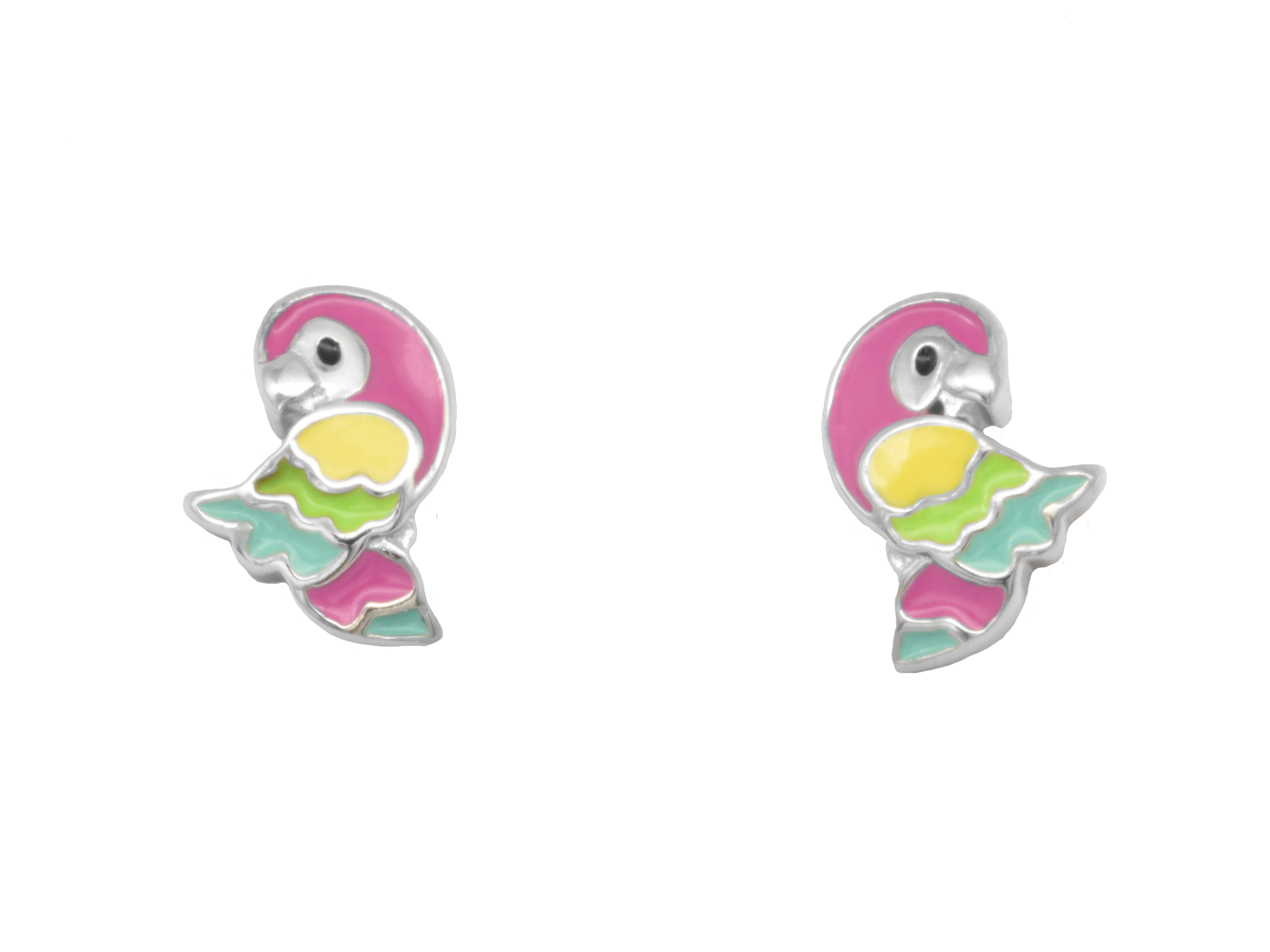 Silber Ohrringe Ohrstecker in Form von einem bunten Papagei aus rhodiniertem Sterling Silber mit polierter Oberfläche, ideal für Kinder, hergestellt von Juwelier Harnisch.