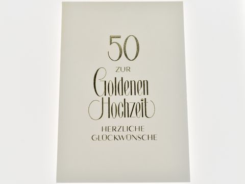 Hochzeitskarte in elegantem Design mit goldener Schrift auf Strukturpapier, Hersteller Juwelier Harnisch, zur Feier der Goldenen Hochzeit mit herzlichen Glückwünschen.