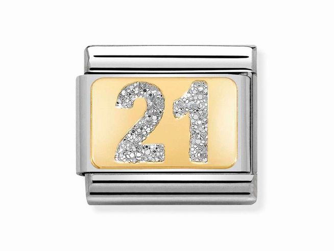 Das Bild zeigt ein Schmuckelement von Nomination, Modell Classic 030224 02 in Gold-Emaillé mit Glitzer. Die Glückszahl 21 ist in einer dekorativen Schriftart aufgetragen.