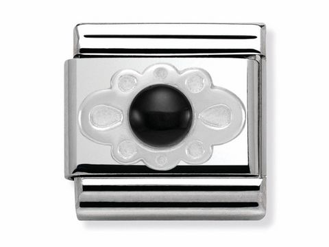 433050101-0 Sterling Silber namens Nomination Classic mit schwarzem Achat in der Mitte, umgeben von einem filigranen Muster, ideal für kreatives Schmuckdesign.