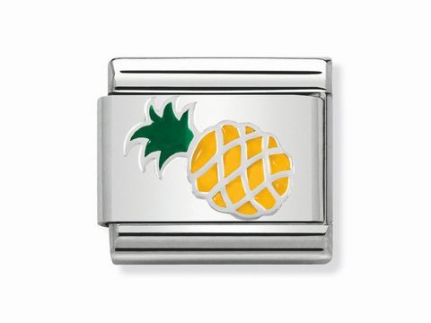 Klassisches Nomination Motiv Ananas aus Silber mit buntem Emblem, grüne Blätter und gelbes Fruchtfleisch, dekorativ und stilvoll für Schmuckliebhaber.