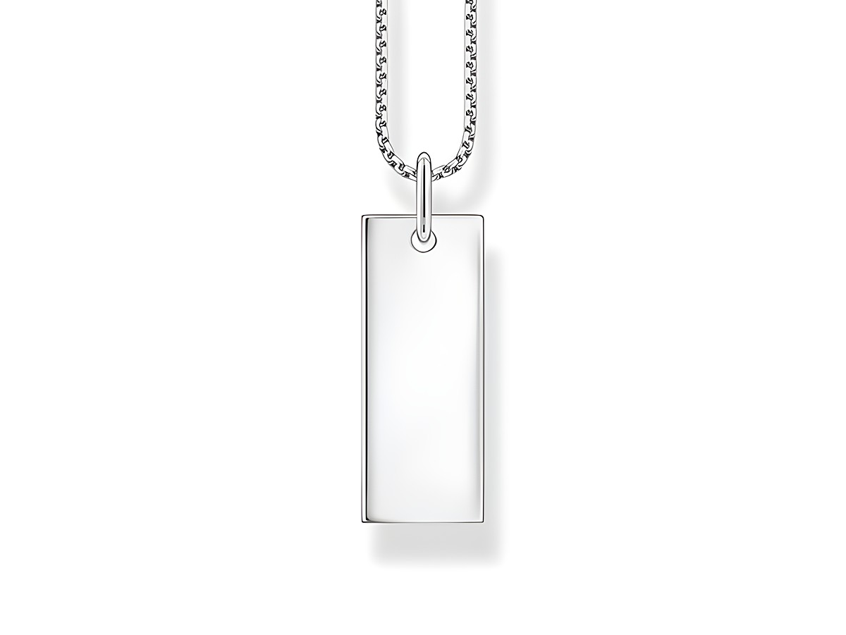 Silberne Gravur Kette von Thomas Sabo mit einem Column-Tag-Anhänger in rechteckiger Form, Länge von 40 bis 45 cm, elegant und schlicht, ideal zum Personalisieren.