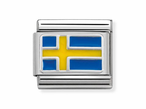 Schweden Flagge aus dem Composable Classic Sortiment von Nomination, bestehend aus einem silbernen Rahmen mit farbiger Emblemdarstellung der schwedischen Flagge.