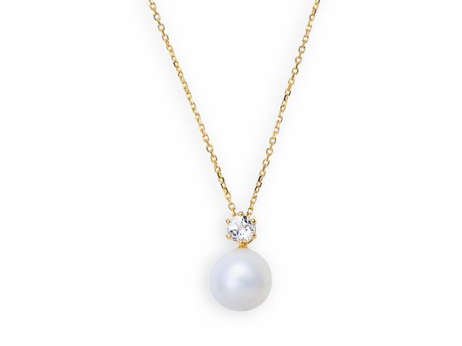 Xenox Gold Kette XG4304G mit einer eleganten Perle und einem funkelnden Stein, gefertigt aus 375 Gelbgold, 42 cm lang, ideal für stilvolle Anlässe.