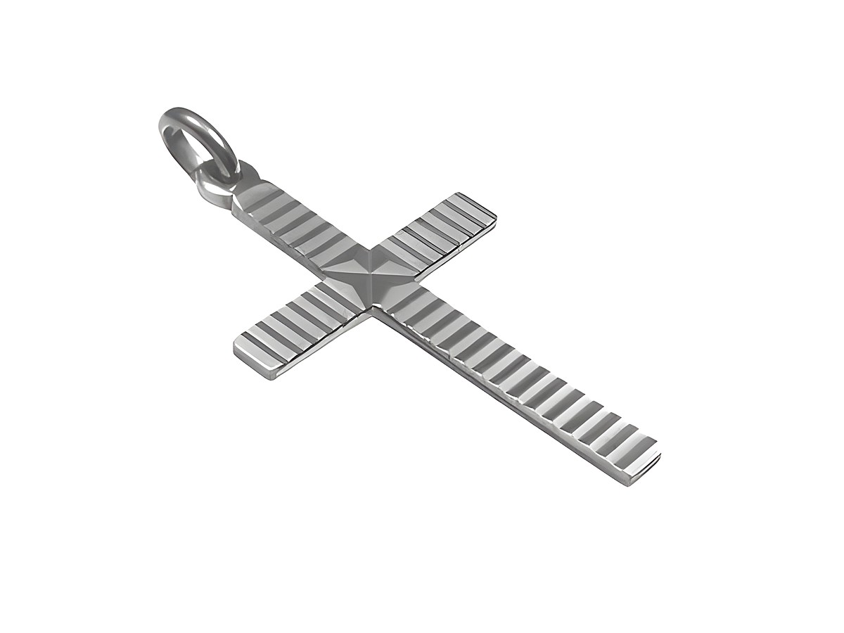Ein Kreuz mit Streifenmuster aus Sterling Silber, hergestellt von Juwelier Harnisch, elegant und modern gestaltet. Ideal als Anhänger für individuelle Stilrichtungen.