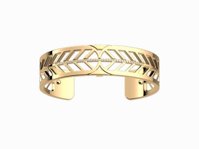 Ein eleganter Armreif von Les Georgettes in Gold mit einem filigranen Blattdesign und Zirkonia-Verzierung, 14 mm breit und mit einem strahlenden Gelbgold-Finish.