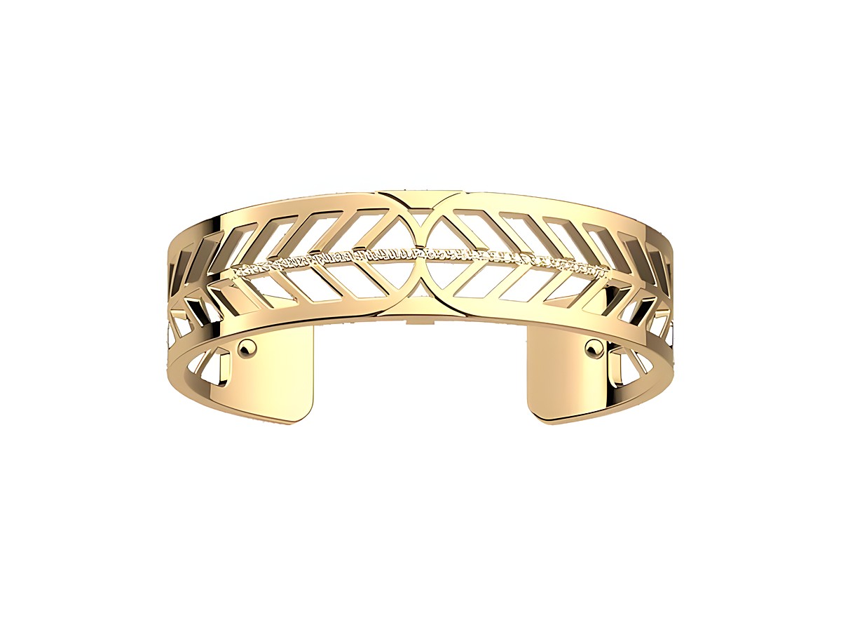 Ein eleganter Armreif von Les Georgettes in Gold mit einem filigranen Blattdesign und Zirkonia-Verzierung, 14 mm breit und mit einem strahlenden Gelbgold-Finish.