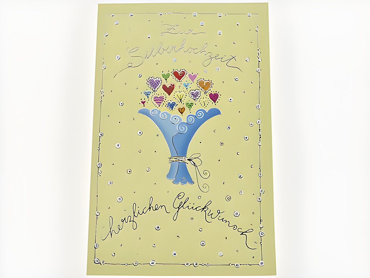 Hochzeitskarte mit einem blauen Blumenstrauß voller bunter Herzchen auf gelbem Hintergrund, umrahmt von glitzernden Details und dem Schriftzug herzlichen Glückwunsch zur Silberhochzeit.