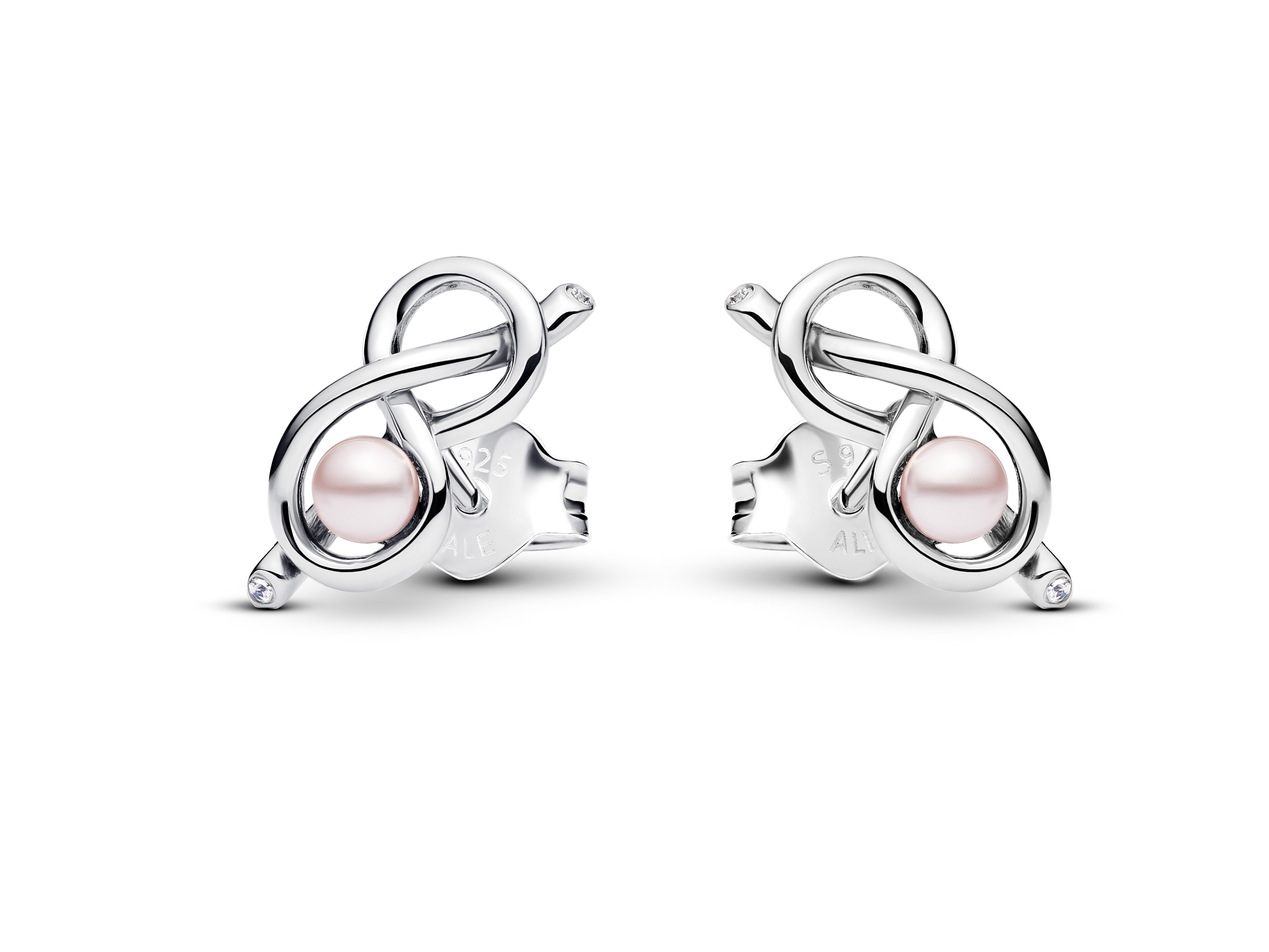 Ohrringe von Pandora im Design von Unendlichkeit mit einem gemischten Stein in Pink und einer Perle in der Mitte, gefertigt aus Sterling Silber, neu und elegant.