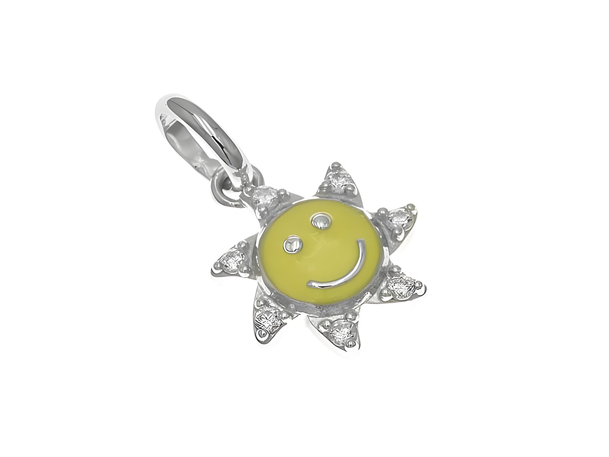 Anhänger aus rhodiniertem Sterling Silber in Form einer Sonne mit gelber Lackbeschichtung und Zirkonia, geeignet für Kinder, Hersteller Juwelier Harnisch.
