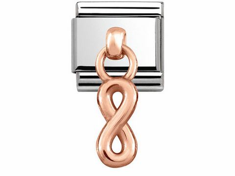 Ein Edelstahlanhänger in Roségoldform eines Unendlichkeitssymbols, elegant gestaltet und ideal für Schmuckliebhaber, passend zu anderen Charms der Marke Nomination.