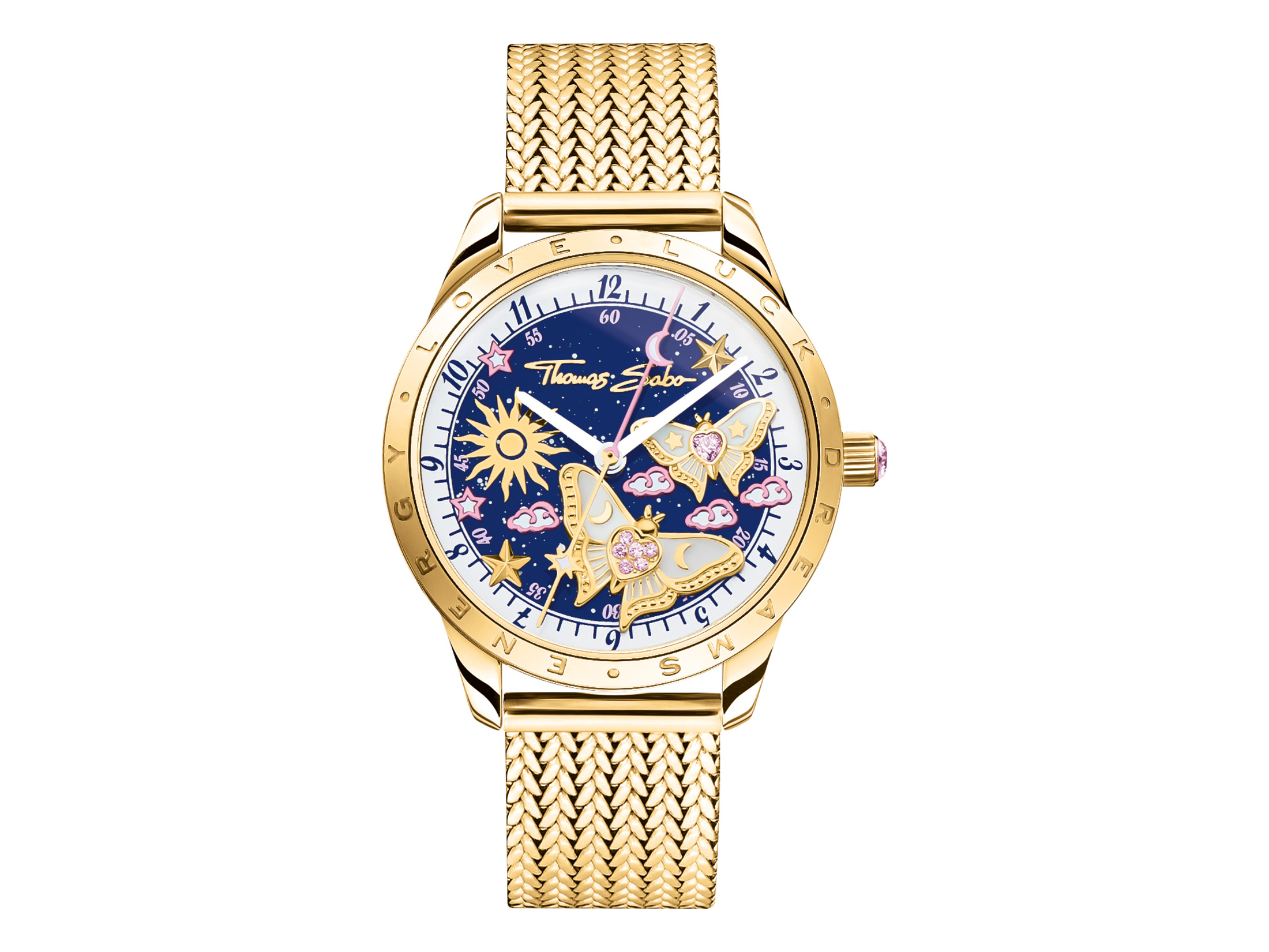 Thomas Sabo Damenuhr WA0430-291-207-33 mm - Butterflies Thomas Sabo Damenuhr WA0430-291-207 im goldenen Gehäuse mit einem blauen Ziffernblatt, verziert mit Schmetterlingen, Sonnensymbolen und anderen dekorativen Elementen, ausgestattet mit einem goldenen Milanaise-Armband.
