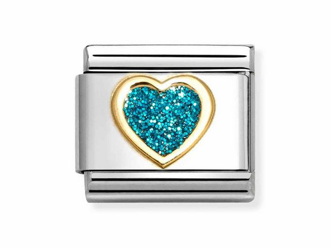 Armbandglied in Hellblau mit emailliertem goldenen Herz und glitzerndem innen liegenden Design, aus Edelstahl, Hersteller Nomination, Modell 030220 08 Classic.