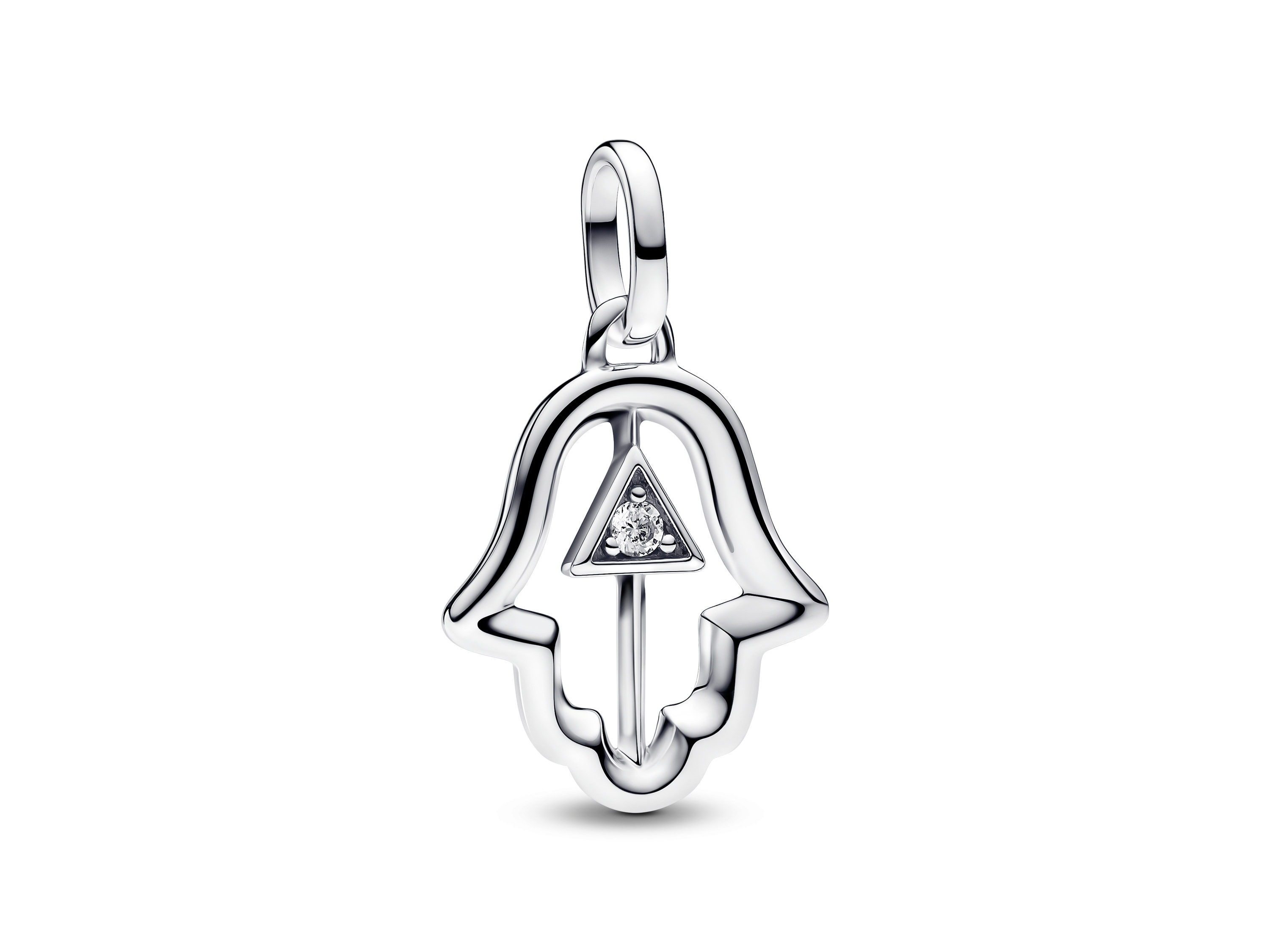 Charm in Form einer Hand der Fatima aus Sterling Silber mit Zirkonia im Inneren, schimmernd und detailreich, perfekt für die Pandora Me Kollektion.