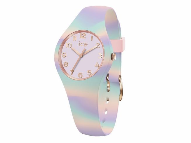 Die Ice Watch ICE tie and dye Sweet lilac in Extra small zeigt ein zartes lila- und pastellfarbenes Design mit einem eleganten Ziffernblatt und goldfarbenen Akzenten.
