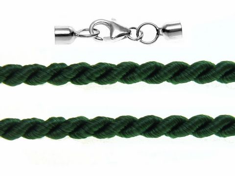Kordel gedreht 110 cm in grün mit einem Durchmesser von 3 mm und Silber Karabiner, Hersteller Juwelier Harnisch, ideal für Schmuck und kreative Projekte.