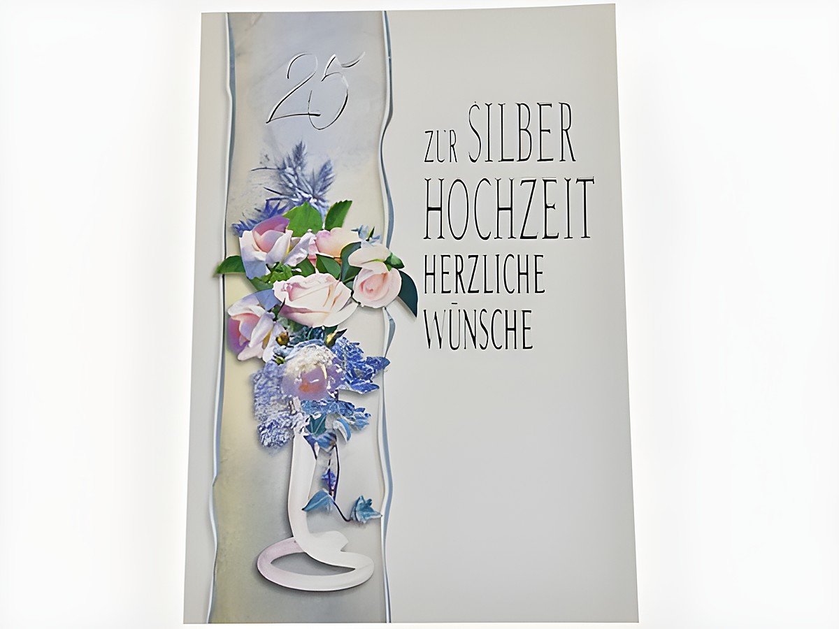 Hochzeitskarte zur Silberhochzeit mit einer stilvollen Abbildung eines bunten Blumenstraußes und dem Text Herzliche Wünsche in eleganter Schrift. Hersteller Juwelier Harnisch.