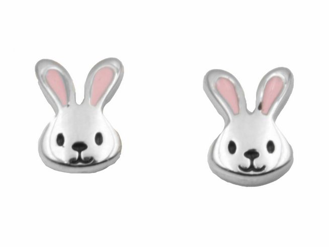 Ohrstecker Hasenkopf aus 925 Sterling Silber, poliert und rhodiniert, für Kinder, mit süßem Hasen-Design und rosa Ohrinnenteilen. Hersteller Juwelier Harnisch.