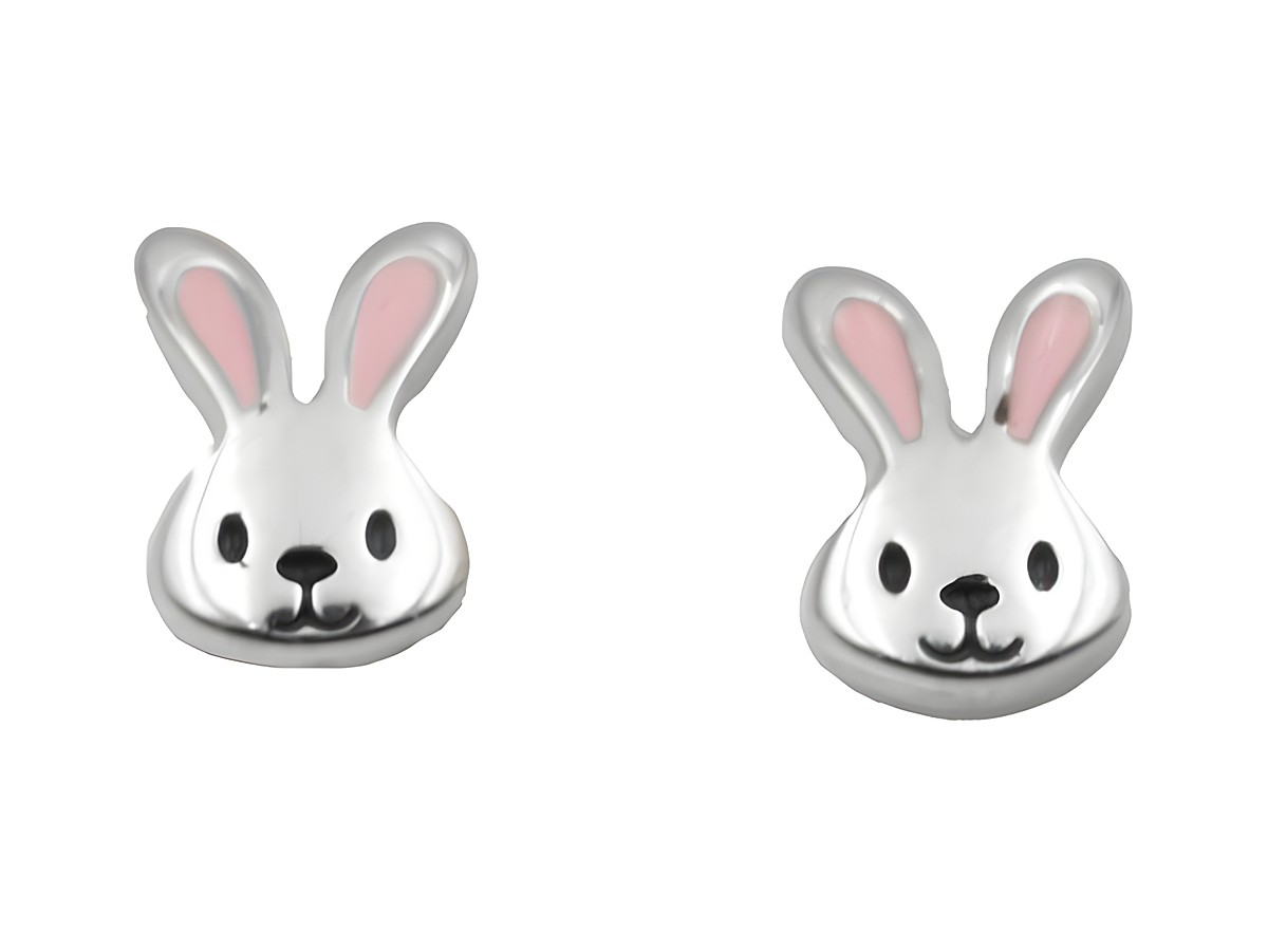 Ohrstecker Hasenkopf aus 925 Sterling Silber, poliert und rhodiniert, für Kinder, mit süßem Hasen-Design und rosa Ohrinnenteilen. Hersteller Juwelier Harnisch.