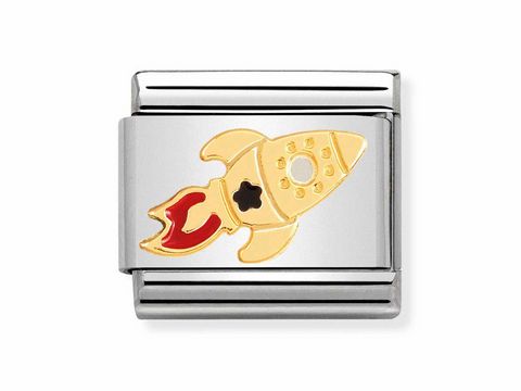 Edelstahl Charm von Nomination mit einer emaillierten Rakete in Gold und rot, Teil der Composable Classic Cosmo Edition, perfekt für individuelle Armreifen.