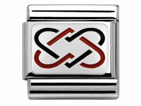 Nomination Classic Doppeltes Herz 330208 01 in Emaille mit SilverShine. Das Motiv zeigt zwei ineinandergreifende Herzen in Schwarz und Rot auf einer silbernen Grundfläche.