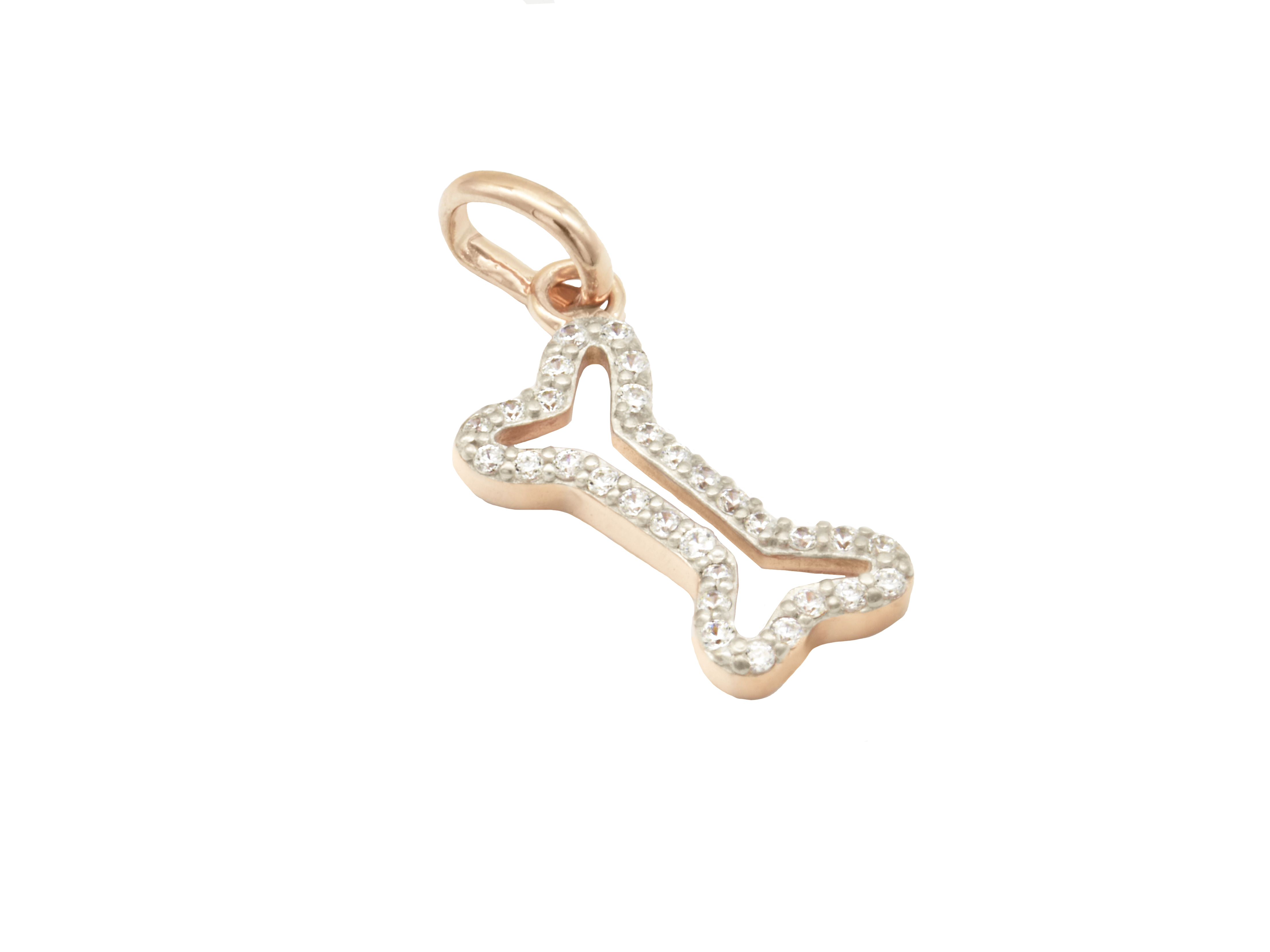 Charm in Form eines Knochen aus sterling Silber 925, vergoldet in Roségold, poliert und verziert mit Zirkonia, ideal für Tierliebhaber, hergestellt von Juwelier Harnisch.