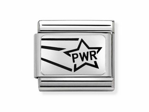 Oxidierte Plakette von Nomination in Edelstahl Silber mit eingraviertem PWR Stern und dekorativen Linien, ideal für die COMPOSABLE CLASSIC Kollektion.