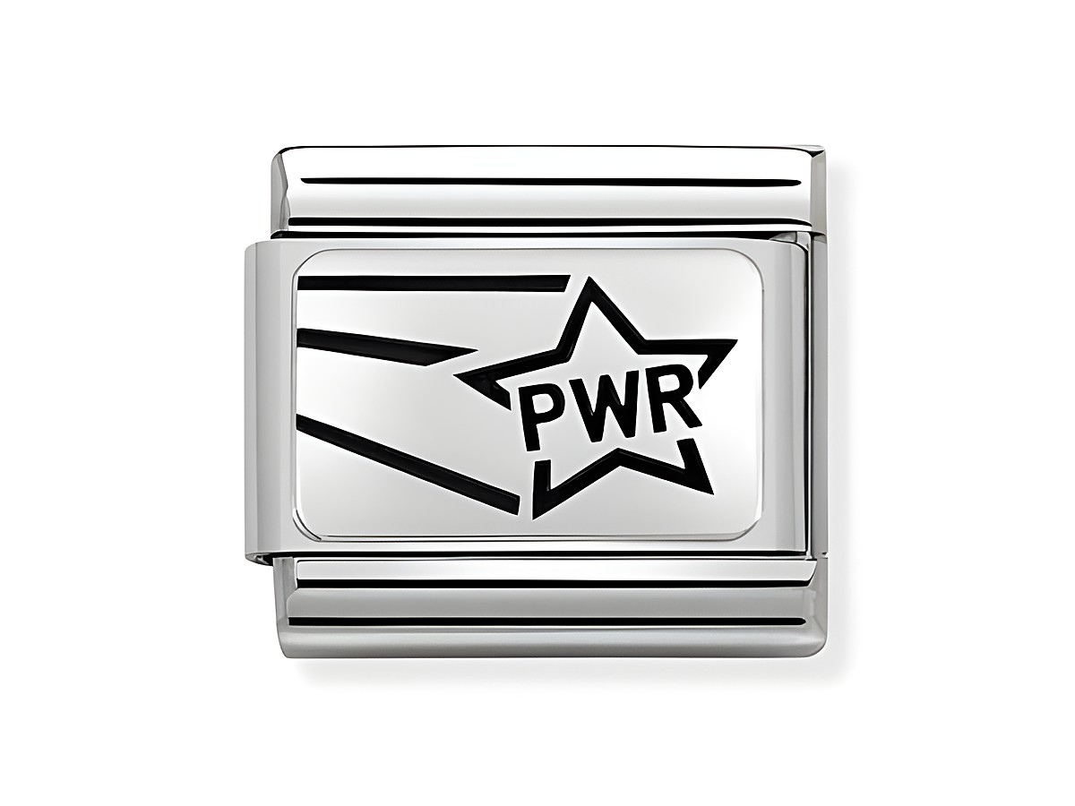 Oxidierte Plakette von Nomination in Edelstahl Silber mit eingraviertem PWR Stern und dekorativen Linien, ideal für die COMPOSABLE CLASSIC Kollektion.