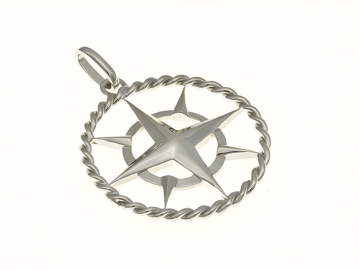 Kompass Anhänger aus rhodiniertem Sterling Silber, gefertigt von Juwelier Harnisch, mit maritimem Design und feiner Verwicklung, ideal für Liebhaber der Seefahrt.