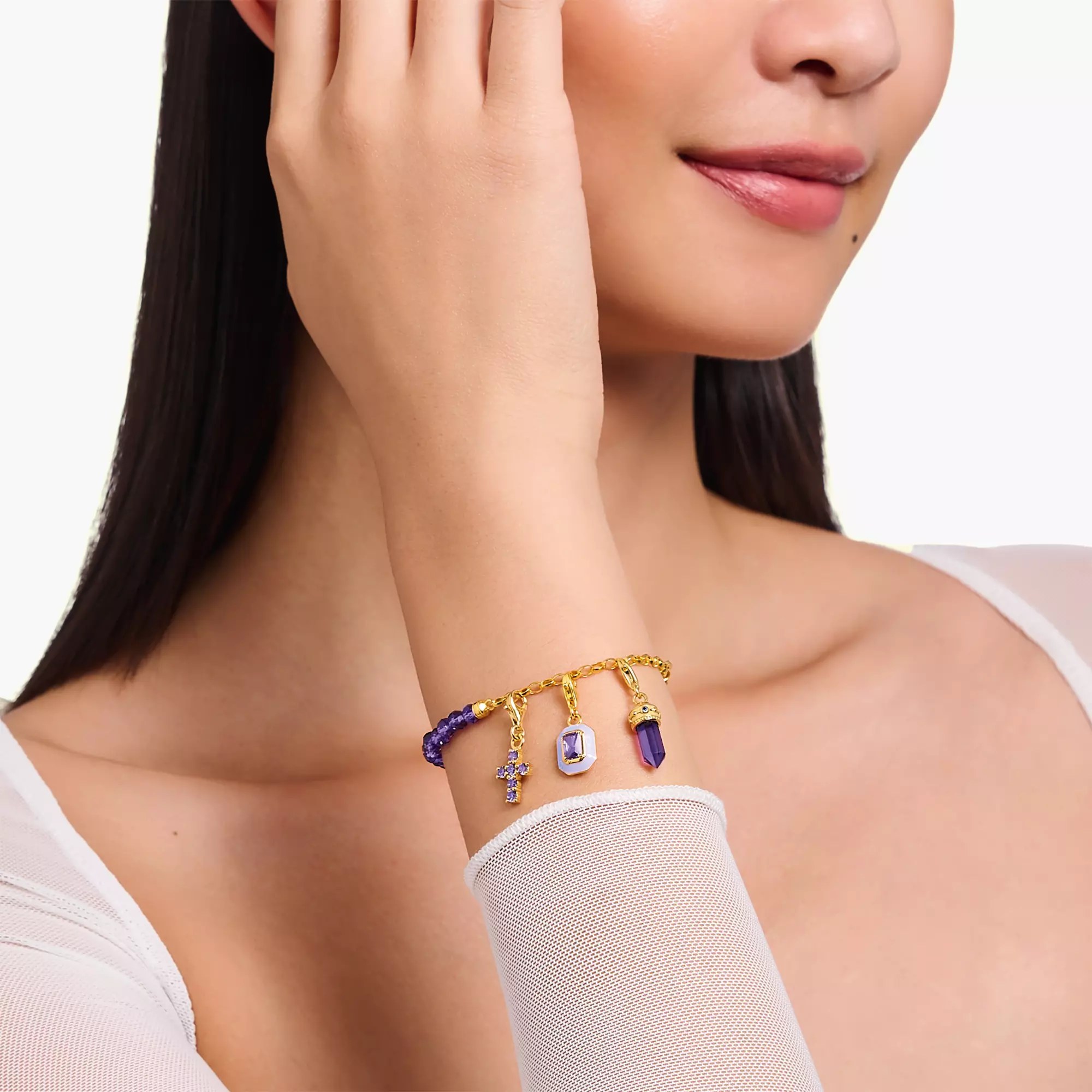 Thomas Sabo Charm-Anhänger - Hexagon - Silber Gelbgold verg. & Glas-Keramik Stein - Violett – Ansicht 2