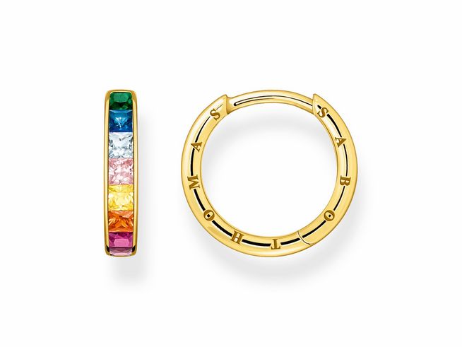 Creolen aus vergoldetem Sterling Silber von Thomas Sabo mit bunten Zirkonia in Regenbogenfarben. Elegantes und farbenfrohes Design, ideal für jeden Anlass. Ideal für modebewusste Frauen.
