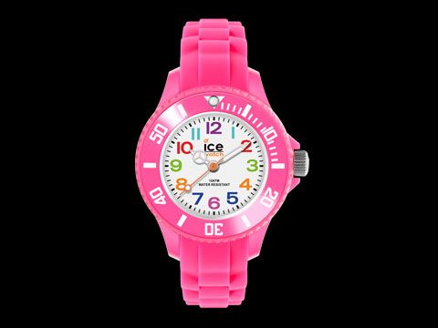 Die Ice-Watch ICE mini in Pink zeigt ein leuchtend pinkes Gehäuse mit einem weißen Ziffernblatt, bunten Zahlen und einem sportlichen Design, ideal für Kinder.