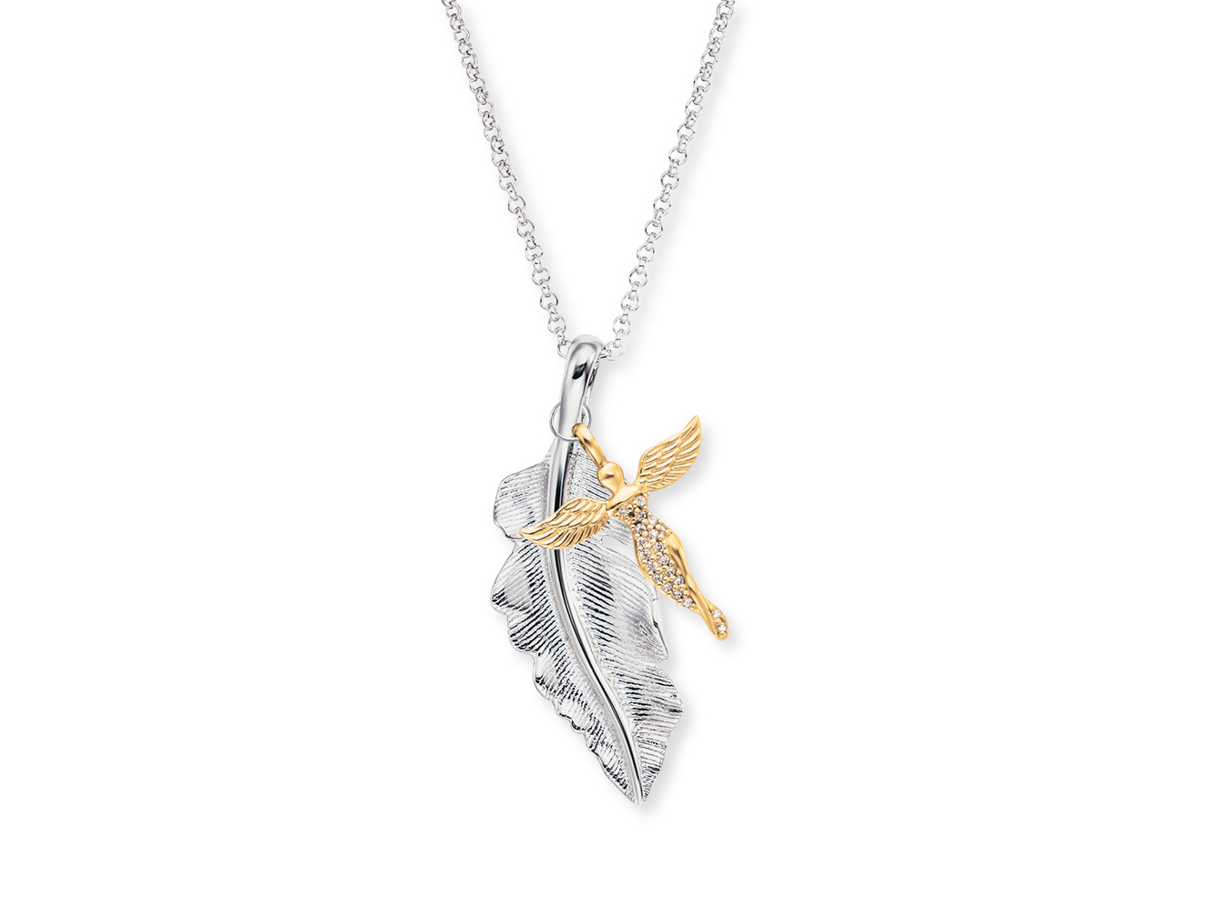 Elegante Kette aus Silber mit rhodiniertem Finish, verziert mit einem goldenen Engel und einer detailreich gestalteten Feder, besetzt mit Zirkonia, Länge 42 cm.