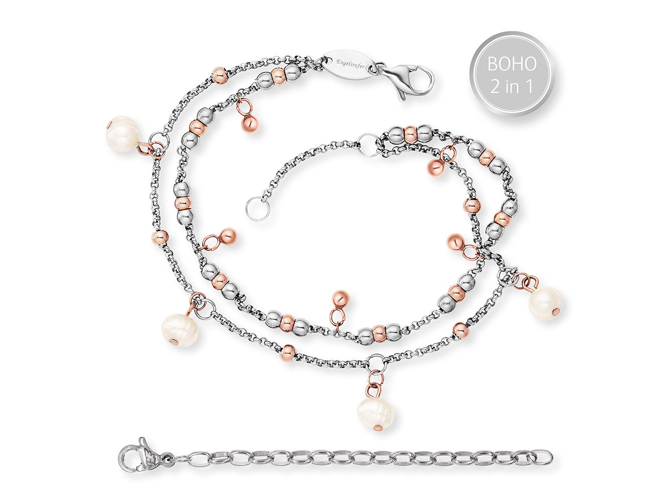 Engelsrufer ERBS-PEARL-BI BOHO Armband aus Edelstahl und Zuchtperlen in Weiß, 17 cm lang, mit verschiedenen Perlen und einem robusten Verschluss, ideal als modisches Accessoire.