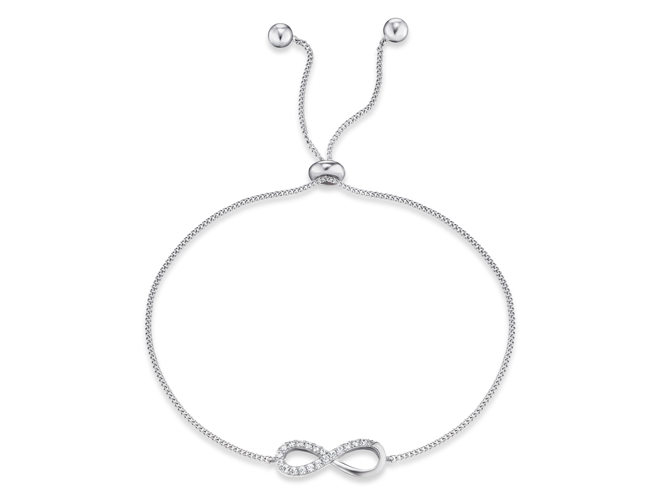 Silbernes rhodiniertes Engelsrufer Armband mit Infinity-Symbol und Zirkonia, verstellbar in der Länge, elegantes Schmuckstück für besondere Anlässe.