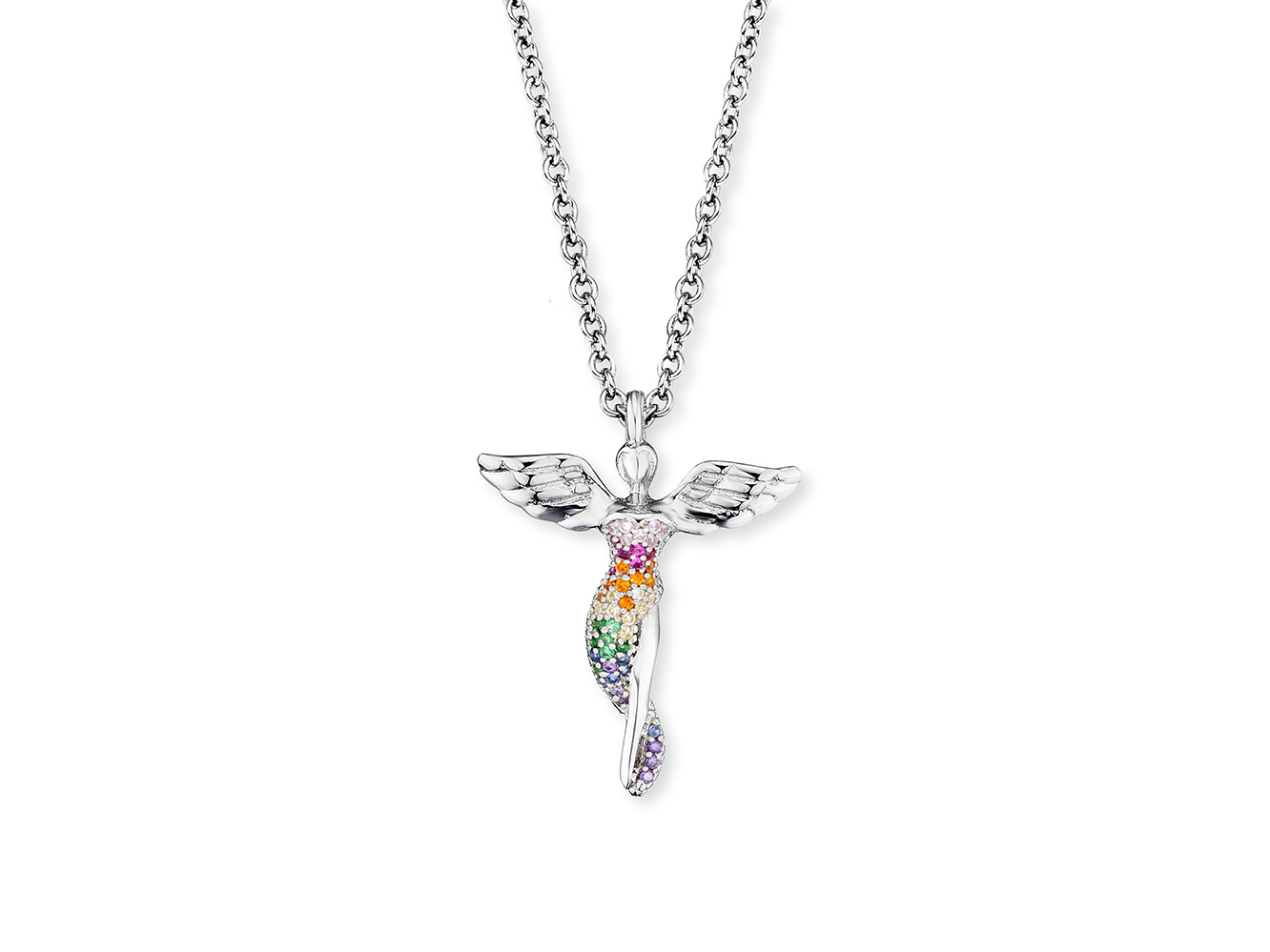 Kette mit einem Engel-Anhänger aus rhodiniertem Silber, besetzt mit bunten Zirkonia. Die Kette hat eine Länge von 40 cm und zeigt filigrane Details. Ideal als zarter Schmuck.