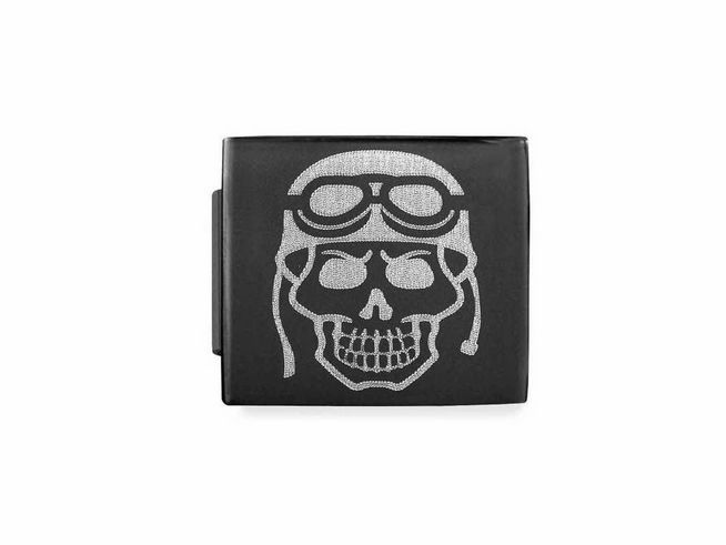 423011007-0 Biker-Schädel aus Edelstahl in schwarz-matt, veredelt mit PVD-Beschichtung, zeigt eine stilisierte Totenkopf-Illustration mit Fliegerbrille, ideal für individuelle Charms.