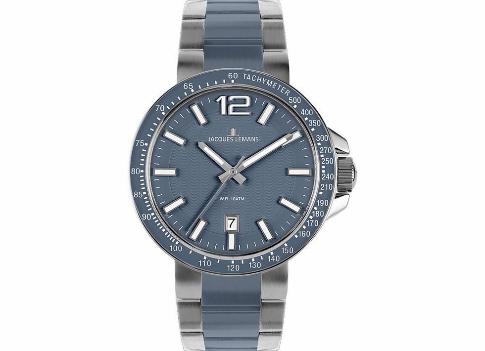 Jacques Lemans Milano 1-1711D Armbanduhr mit blauem Ziffernblatt, Edelstahl- und Silikonarmband, 42 mm Durchmesser, Wasserdichtigkeit bis 10 ATM, klare Zeiger und Datumsanzeige.