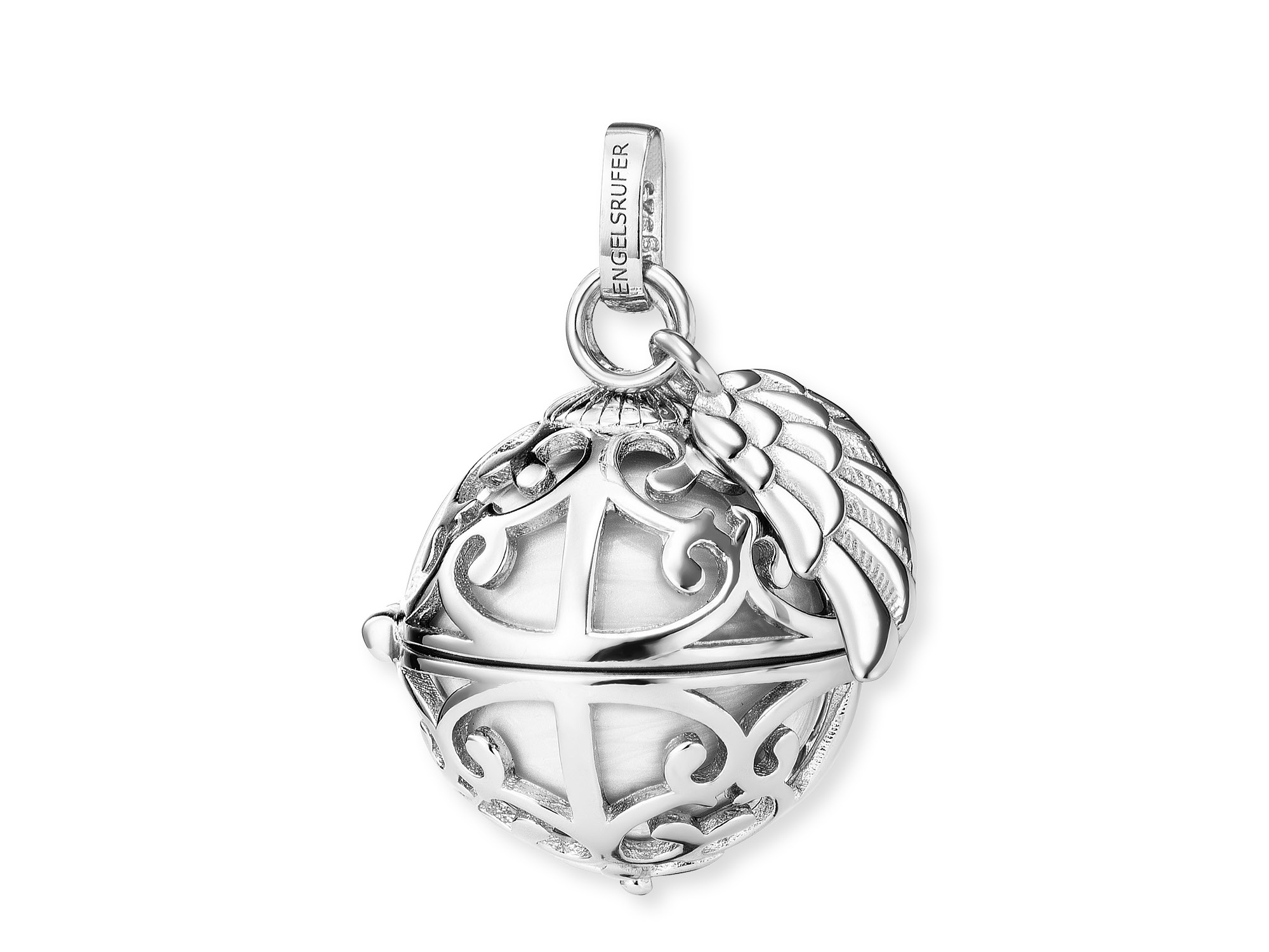 Engelsrufer ER-23-20-S Klangkugel Anhänger mit Flügel - Silber rhod. Perlmutt - Weiß Gr. S Engelsrufer Klangkugel Anhänger in Silber rhodiniert mit filigranem Flügel und Perlmutt-Mittelteil, elegant und symbolisch, Größe S.