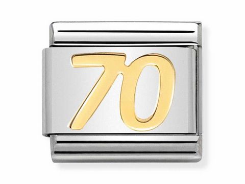Zahl 70 aus gold und edelstahl, Teil der Nomination Classic Kollektion, symbolisiert den Alltag und eignet sich ideal als persönlicher Schmuckanhänger.