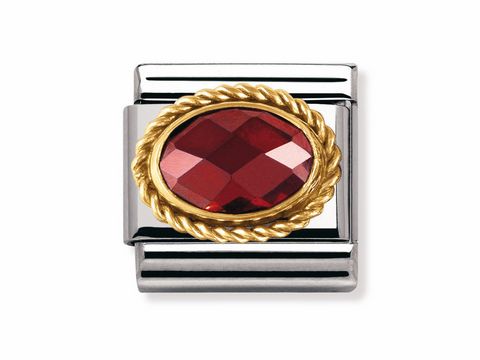 Ein elegantes Schmuckelement von Nomination mit einer rot-goldenen Kordel und einem ovalen Zirkonia in der Mitte, umgeben von glänzendem Metall.