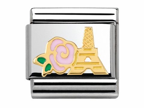 Ein eleganter Charm von Nomination mit einer rosa Rose und dem Eiffelturm, gefertigt aus Emaille und Gold, ideal für eine stilvolle Ergänzung.