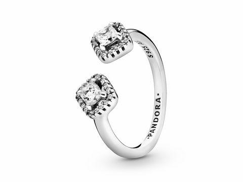 Sterling Silber offener Ring von Pandora mit Zirkonia in Größe 48. Der Ring hat zwei quadratische Zirkonia-Steine, die von funkelnden kleinen Steinen umgeben sind.