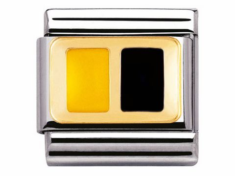 Bicolor Charm von Nomination mit einer gelben und einer schwarzen Fläche in Emaille, eingefasst in ein silbernes Metallband, symbolisiert verschiedene Flaggen.