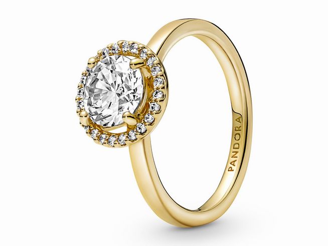 161234054-0 Funkelnder runder Strahlenkranzring von Pandora in Gelbgold-Vergoldung mit einem großen Zirkonia-Stein in der Mitte, umrahmt von kleinen Zirkonia, Größe 54.