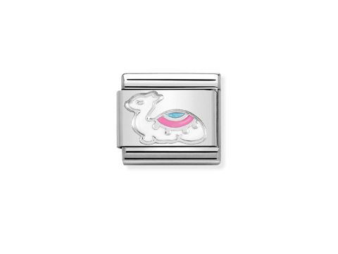 Ein silberner Emaille Charm mit einem Lama-Motiv, farbenfroh gestaltet mit rosa und blauen Akzenten, von der Marke Nomination, Modell Classic.