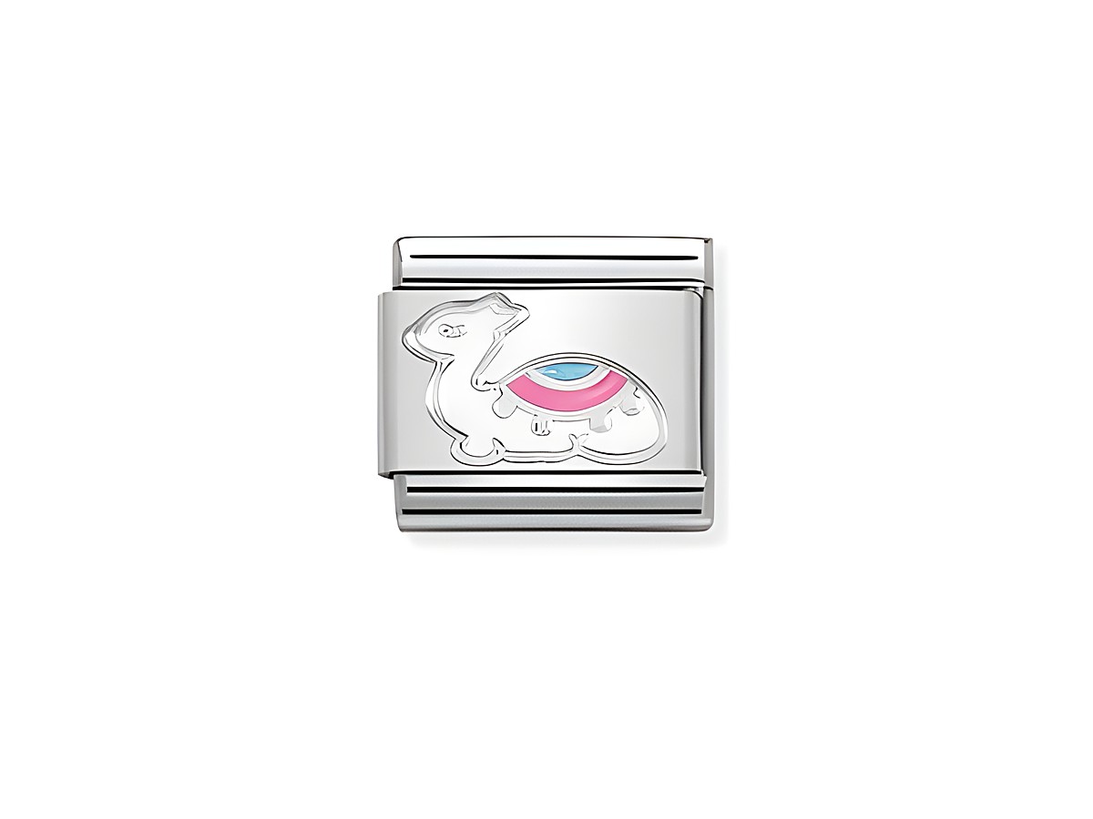 Ein silberner Emaille Charm mit einem Lama-Motiv, farbenfroh gestaltet mit rosa und blauen Akzenten, von der Marke Nomination, Modell Classic.