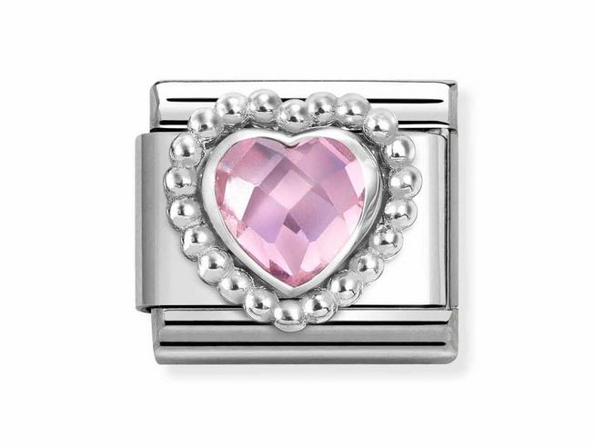 Silberne Herz Kugelfassung mit rosa, facettiertem Zirkonia von Nomination, umrahmt von kleinen Silberkugeln, elegantes und romantisches Schmuckstück von Silvershine.
